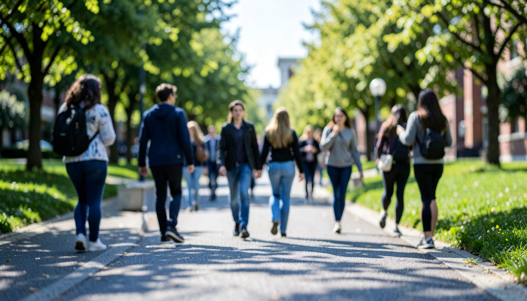 Ahi Evran Üniversitesi kampüsünde öğrencilerin bahar güneşi altında yürüdüğü, yeşilliklerle çevrili bir yürüyüş yolu.