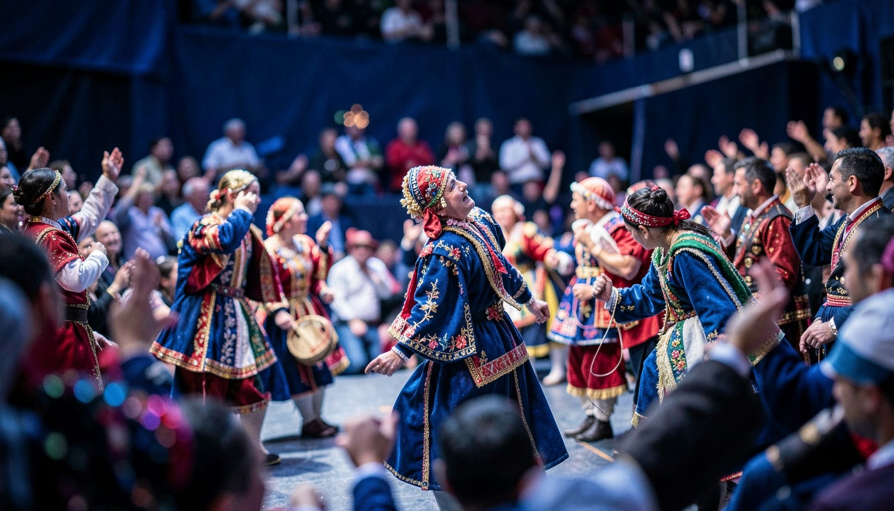 Keman Ceviz Festivali'nde halk oyunları ekibinin geleneksel kıyafetlerle sahne aldığı, izleyicilerin alkışladığı canlı bir performans.